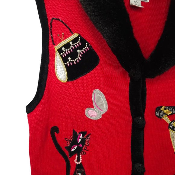 Lisa International Button Front Vest L Cat Purse Faux Fur Detachable Collar - Picture 10 of 16